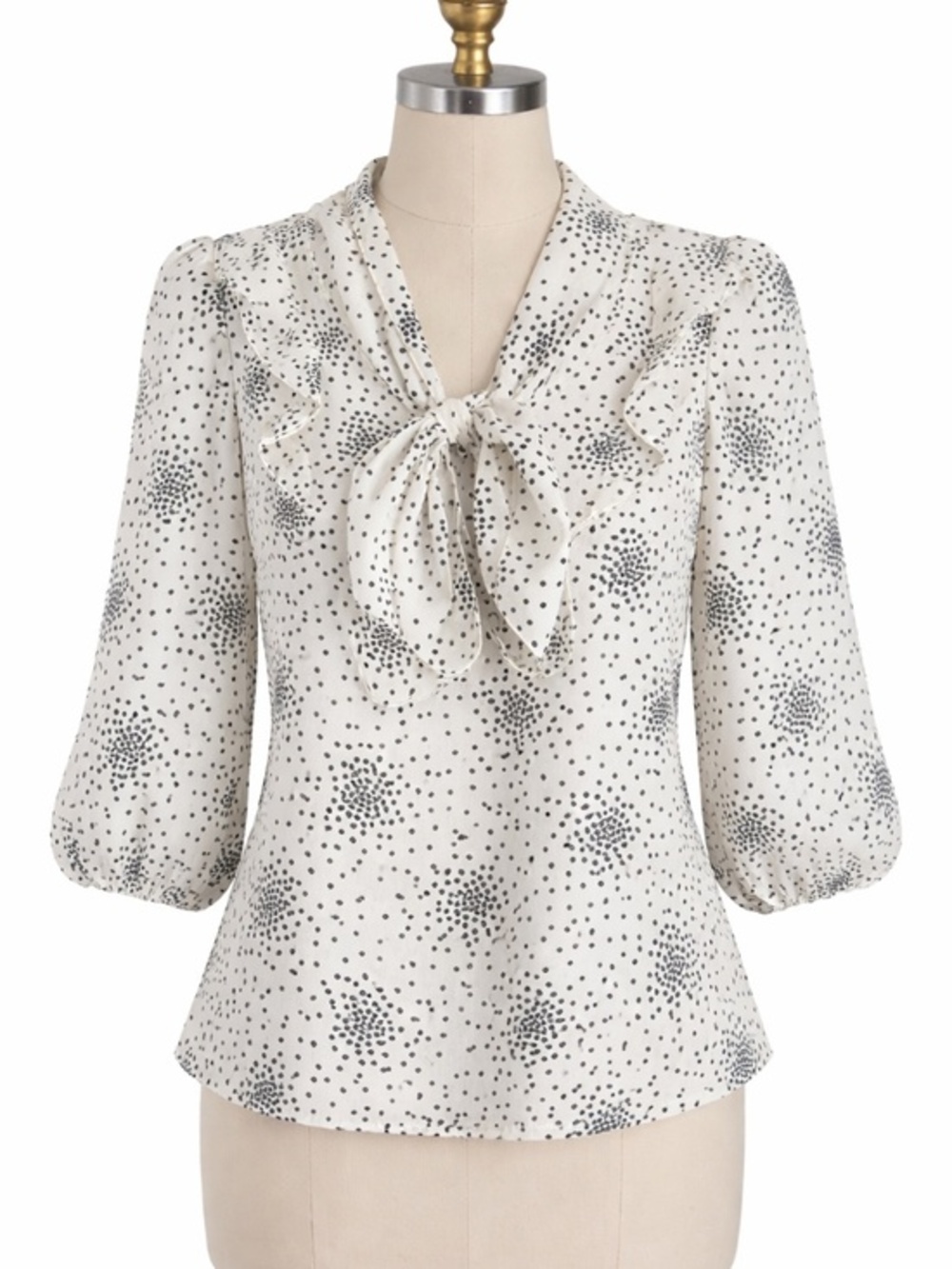 Attention Polka Dot Ruffle Tie Neck Blouse White Black Retro Office Top Size M